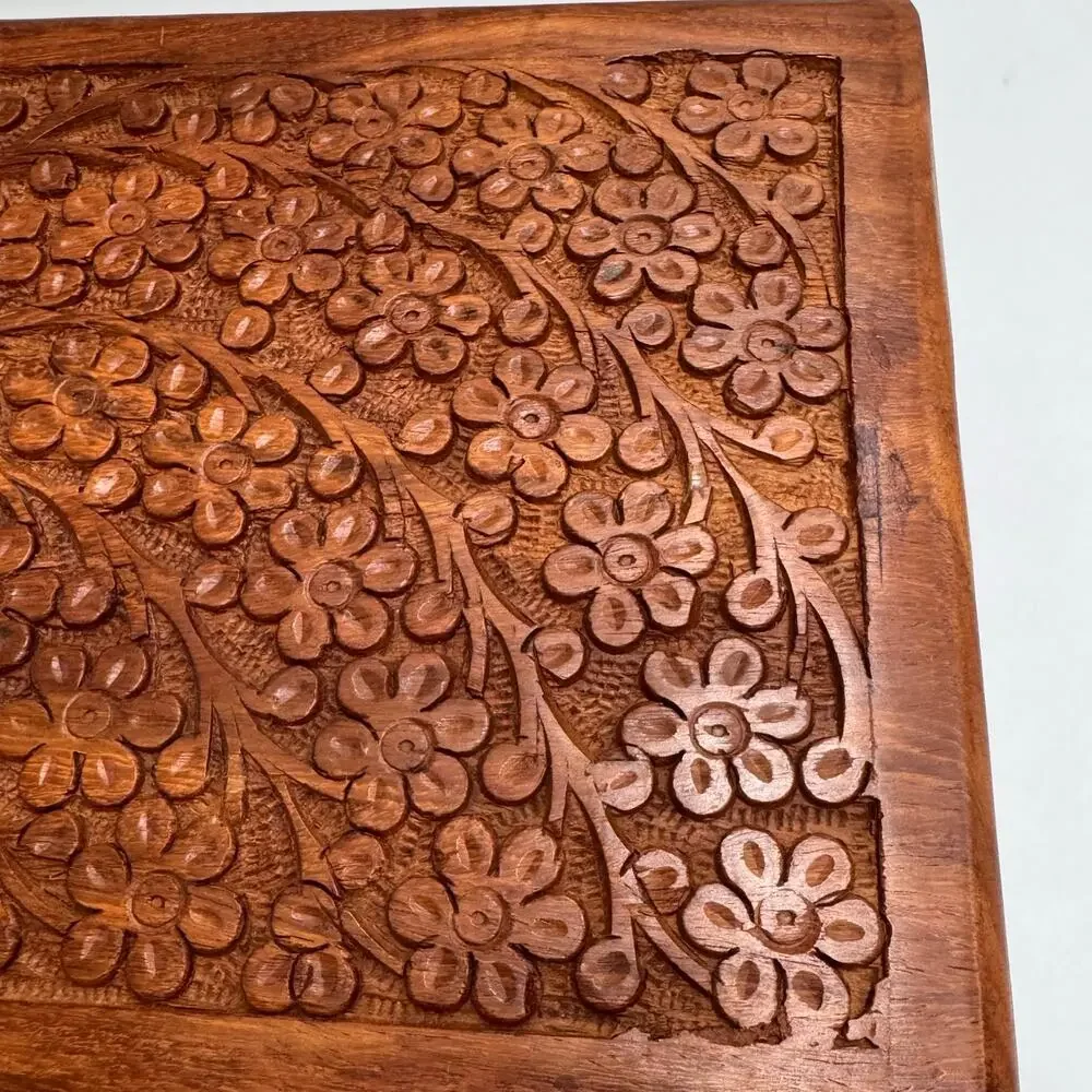 Carved Wood Floral Keepsake Box Sliding Lid Jewelry Trinket Storage 7.25 Inch
